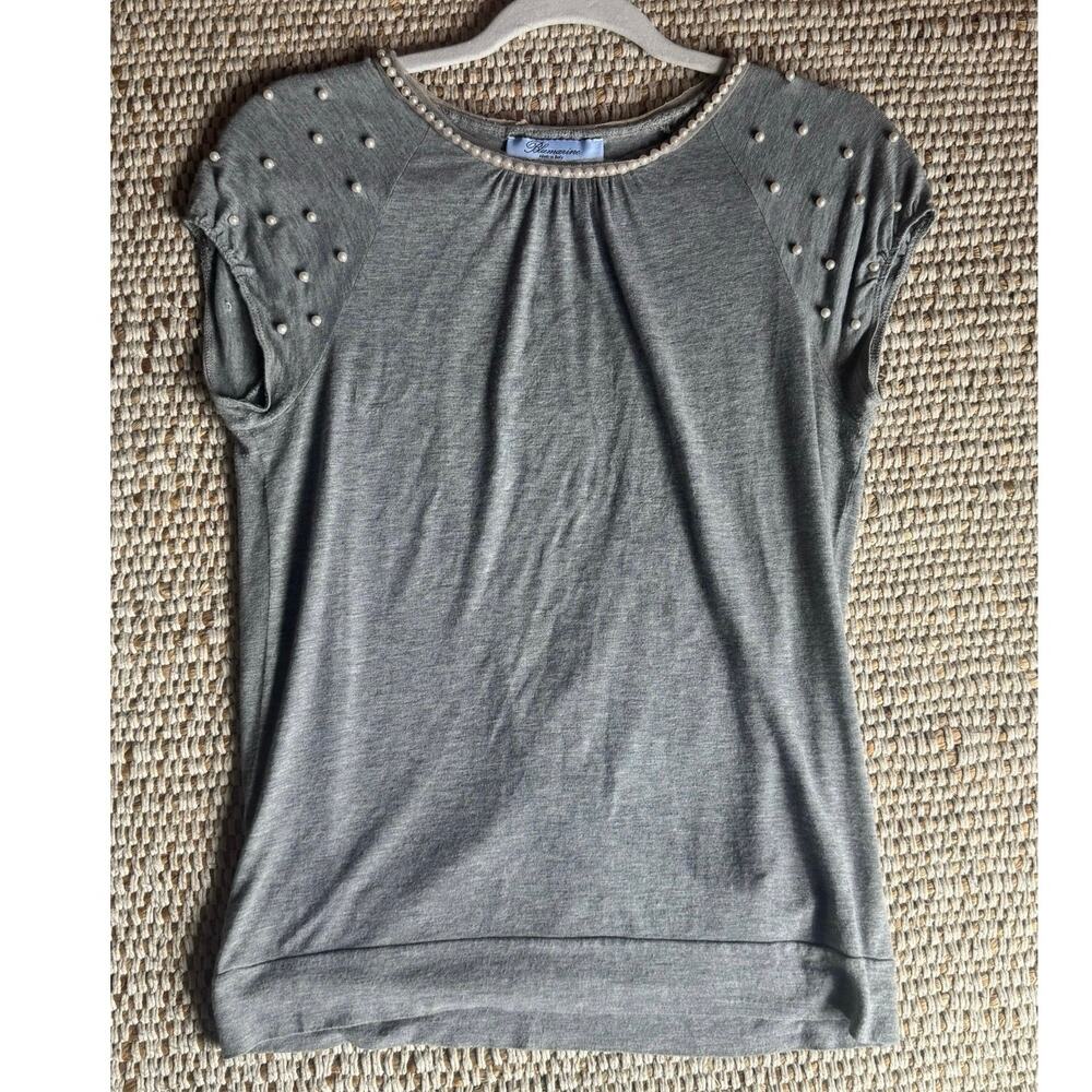 Y2K Blumarine Heather Grey Pearl Beaded Shoulder Open Back Top Made in Italy S